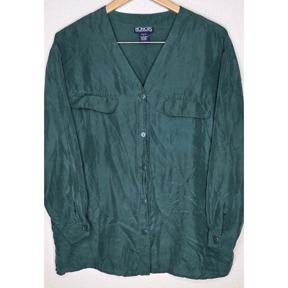 Vintage Honors Women L Silk Top Blouse Button Up Long Sleeve Green Career Shirt